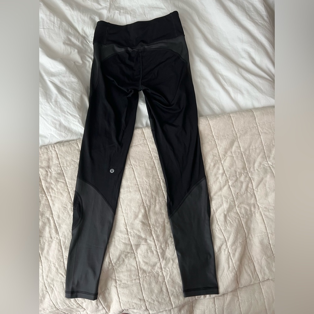 Lululemon Black Leggings with Shine/faux leather Paneling, Like New-Never Worn - Picture 2 of 2